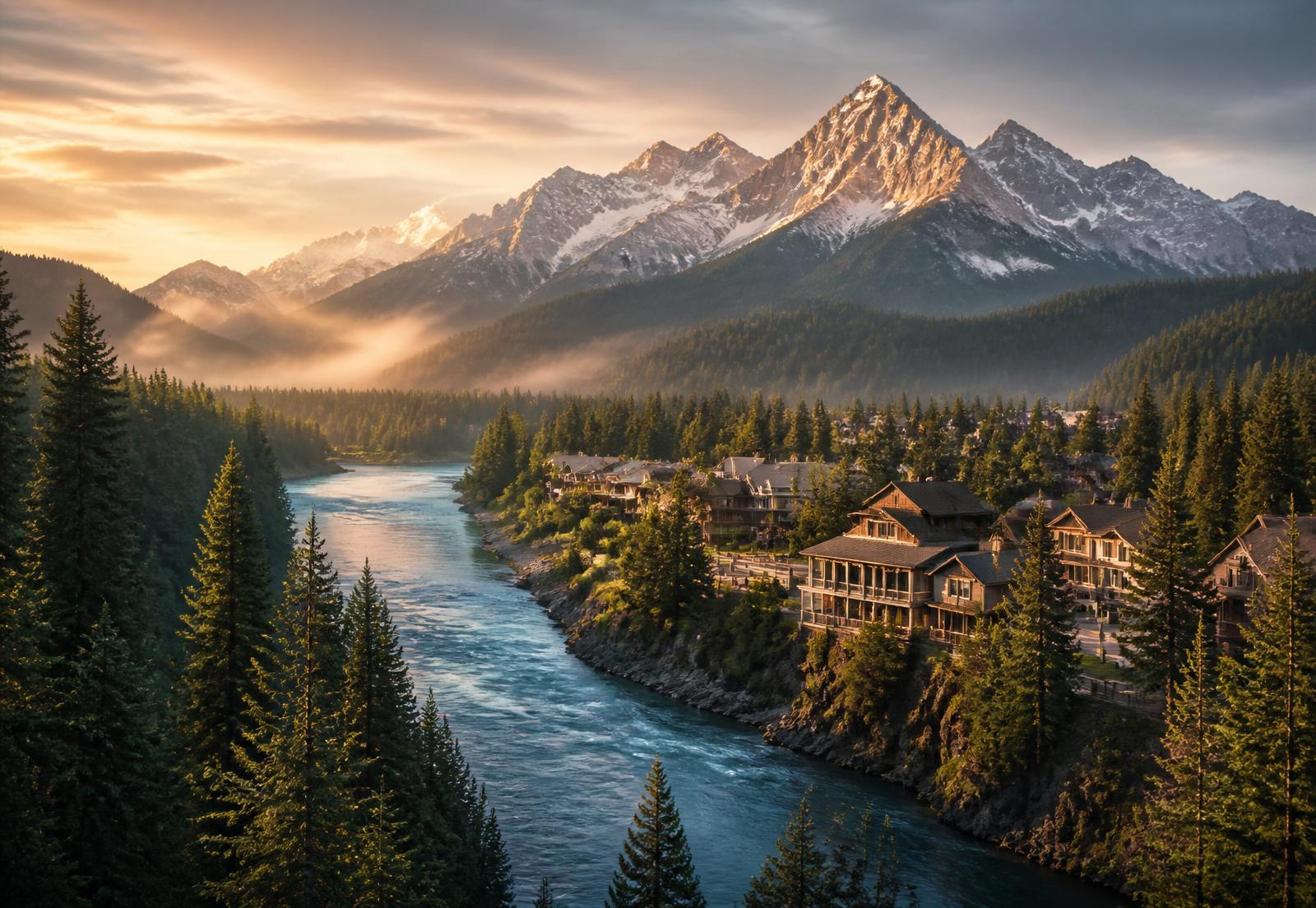 Cascade mountains and river at golden hour